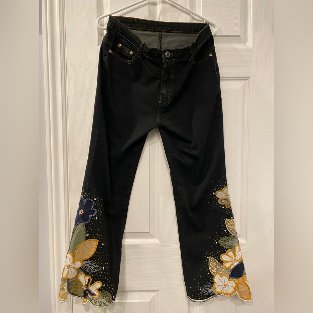 Black flower patterned flare pants